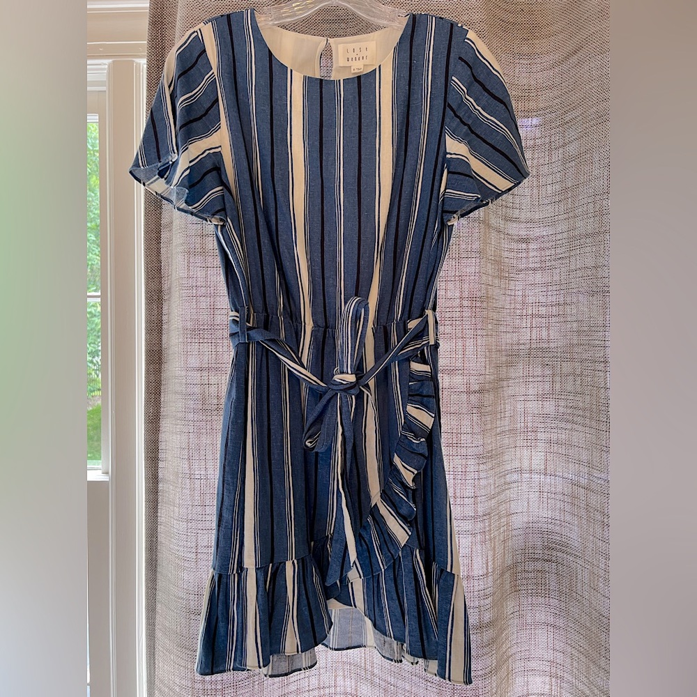 Lost + Wander Linen Blue, White and Black striped mini dress with ruffled detail
